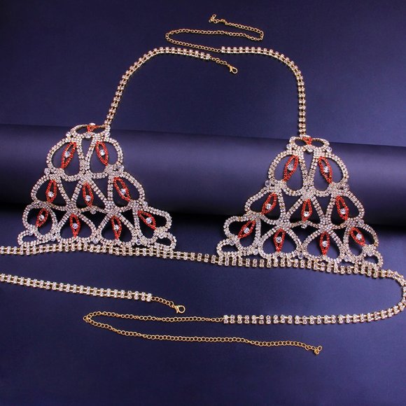 Rhinestone Heart Bikini Jewelry Lingerie Set Bling Bra Thong Crystal Body Chain - Picture 9 of 9